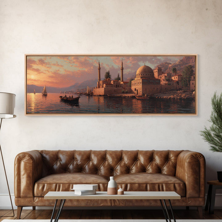 Seaside Town At Sunset Oil Painting Canvas Print With Boats And Warm Orange Glow Wall Art For Coastal Home Decor And Dining Room