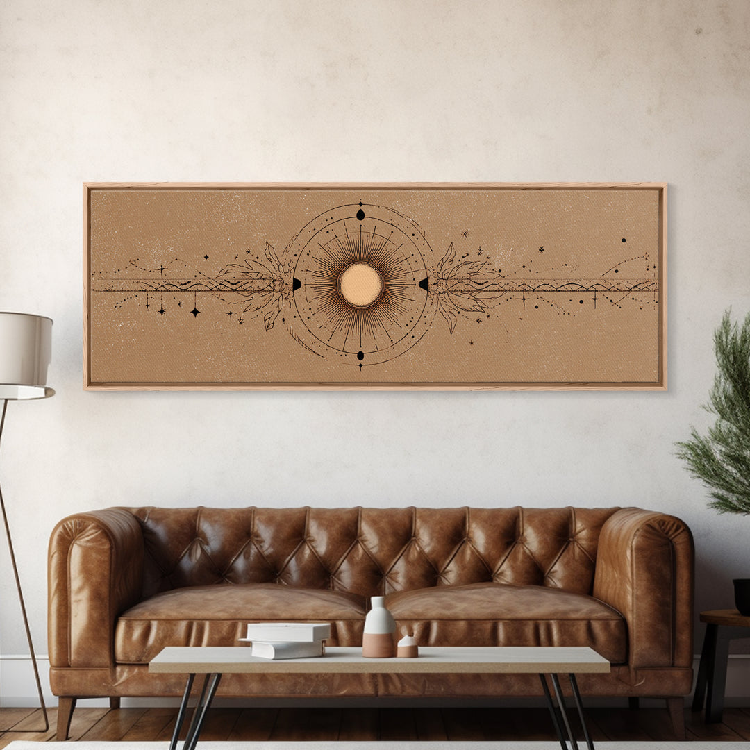 Mystic Sun And Moon Celestial Wall Art, Boho Astrology Canvas Print, Neutral Witchy Above Bed Decor For Living Room Home Decor
