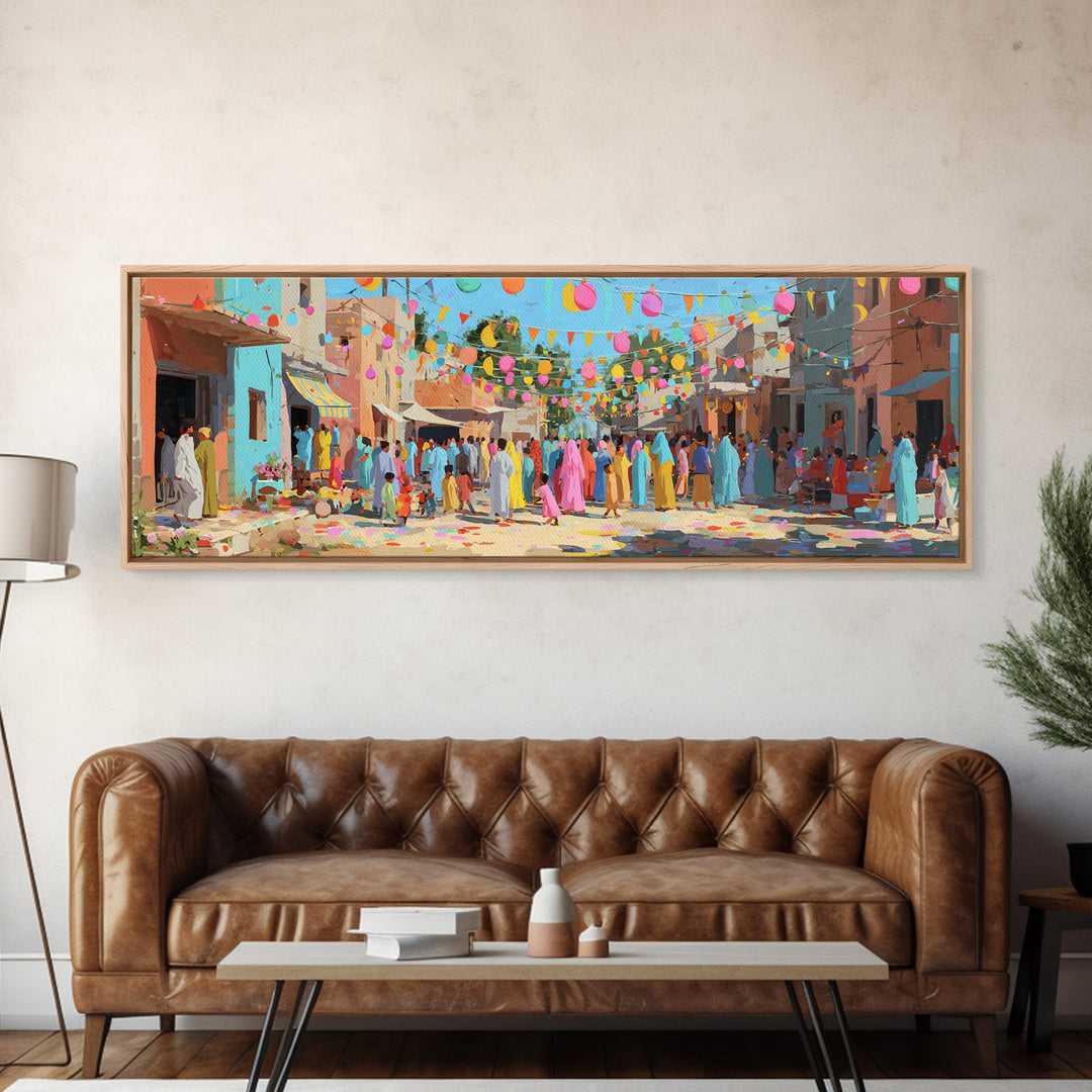 Festive Colorful Town Square Celebration Digital Painting Bright Lanterns And Crowds For Joyful Wall Art