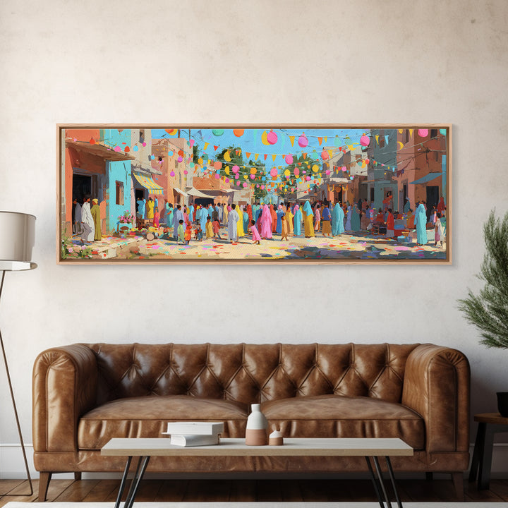 Festive Colorful Town Square Celebration Digital Painting Bright Lanterns And Crowds For Joyful Wall Art