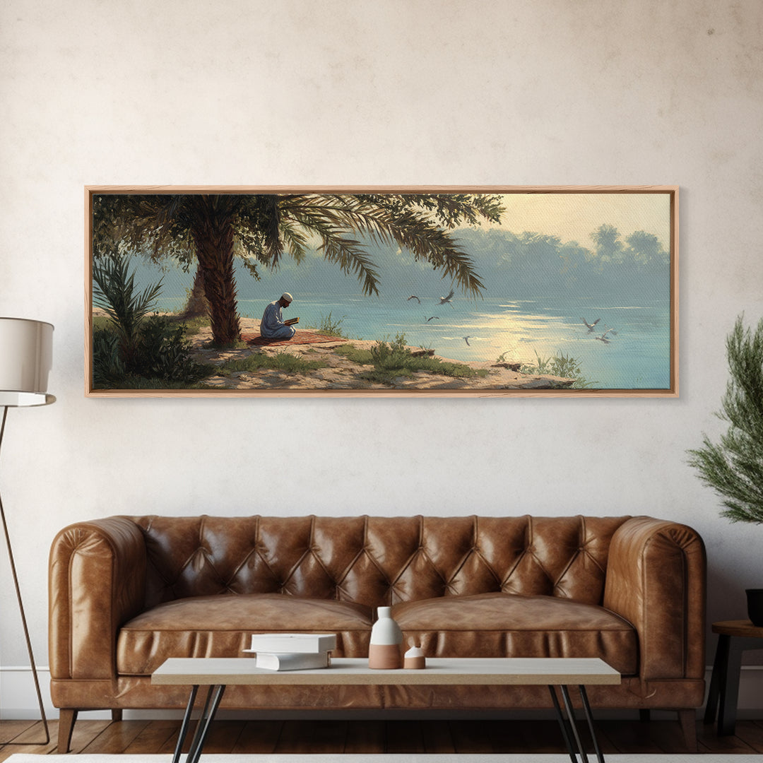 Tranquil Riverside Scene With Man Reading Sacred Text Surrounded by Palm Trees and Calm Waters Oil Painting Canvas Print
