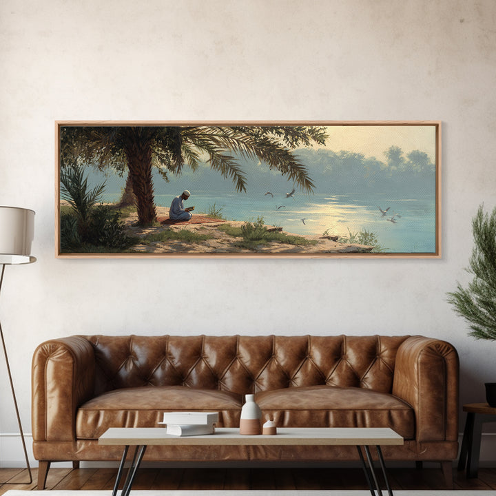 Tranquil Riverside Scene With Man Reading Sacred Text Surrounded by Palm Trees and Calm Waters Oil Painting Canvas Print