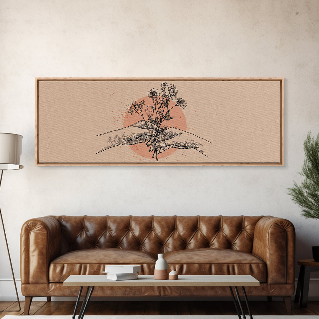 Hands Holding Wildflowers Line Art Wall Art, Neutral Botanical Canvas Print, Romantic Gift For Her And Minimal Bedroom Decor