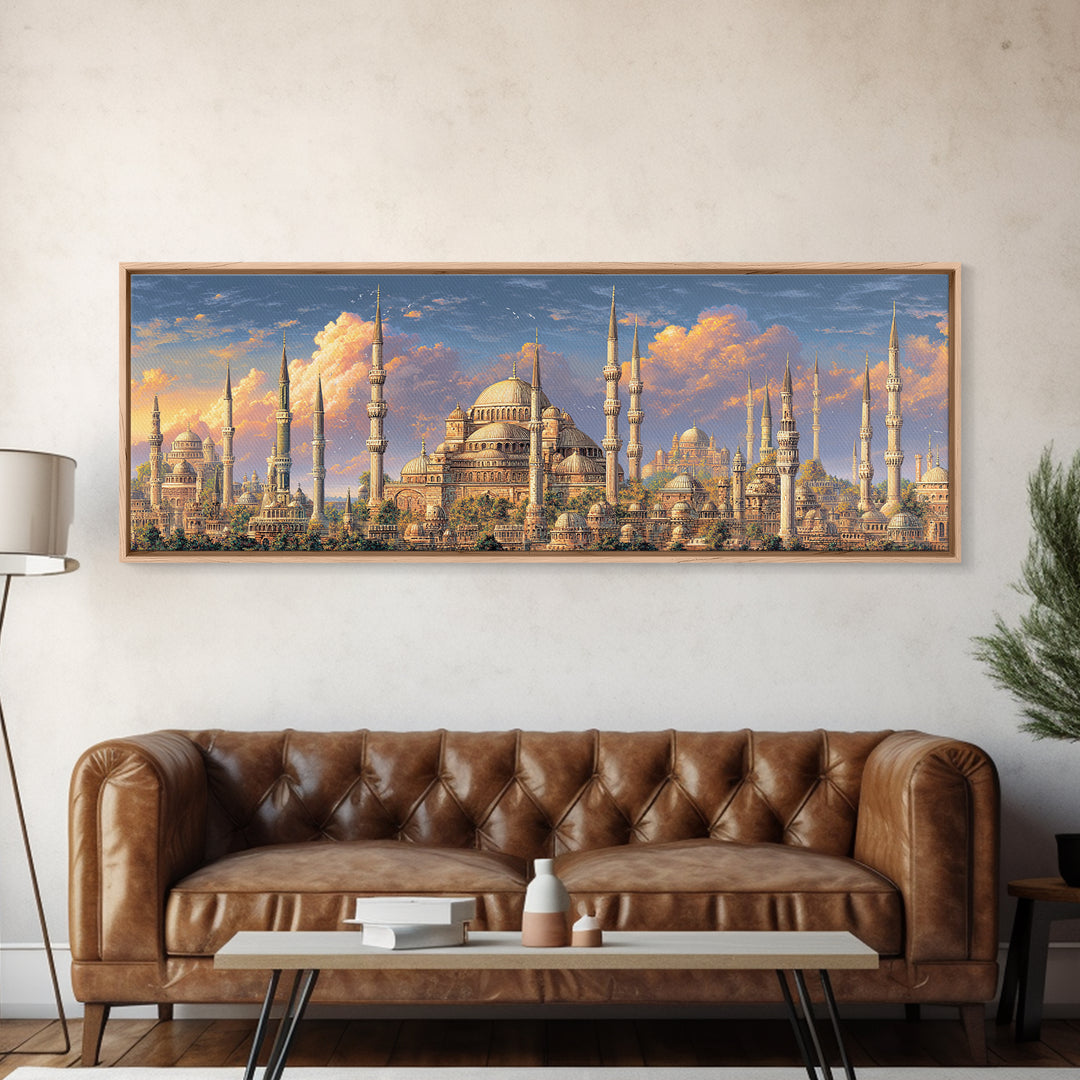 Vibrant Cityscape With Ornate Minarets And Warm Sunset Sky Framed Canvas Print For Home Decor