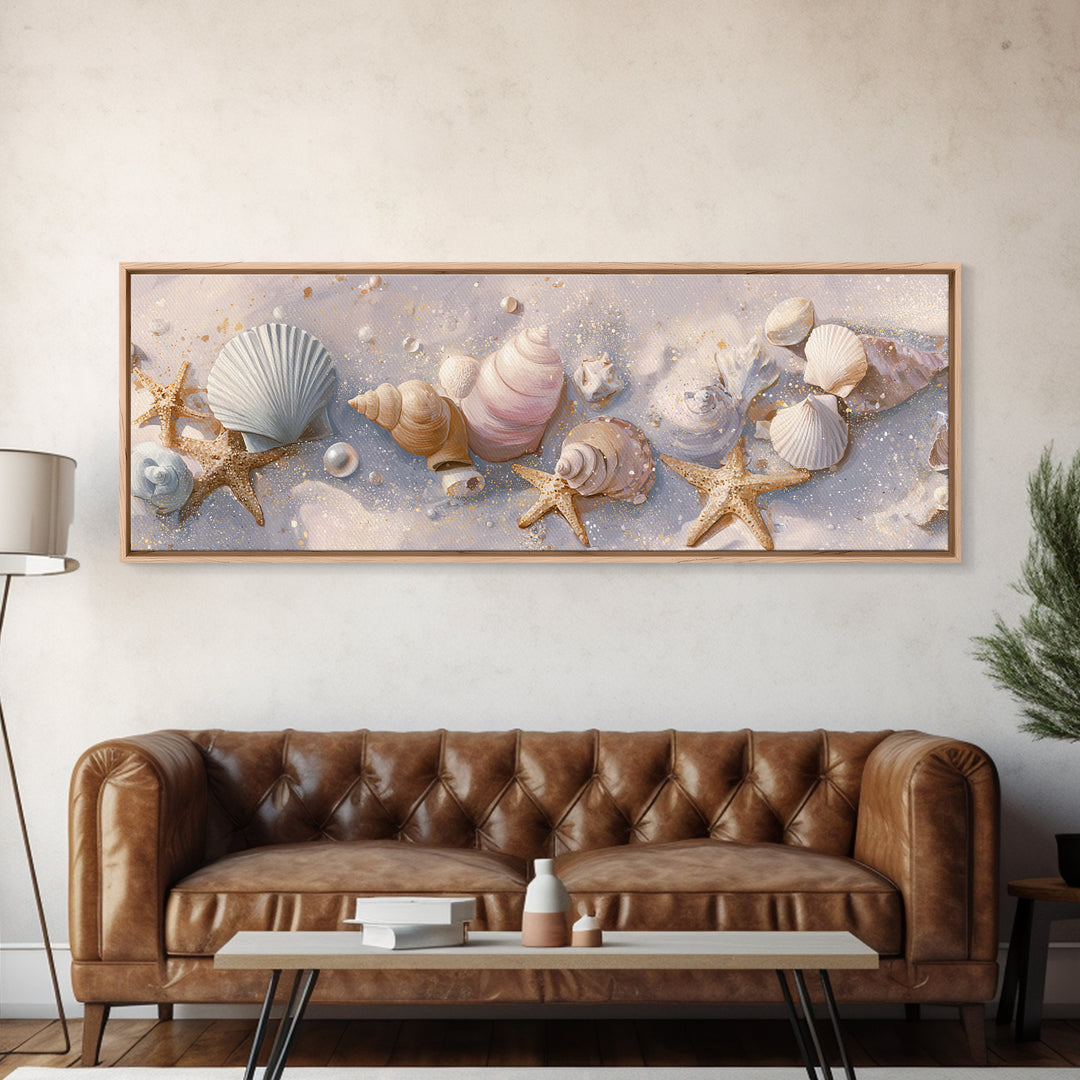 Pastel Seashells And Starfish Beach Wall Art, Coastal Canvas Print, Nautical Bathroom Decor And Beach House Gift For Her