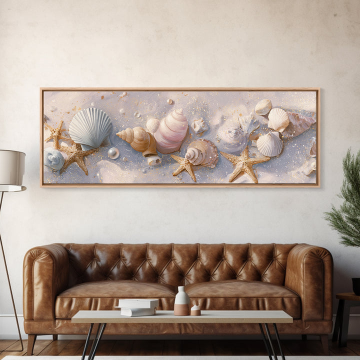 Pastel Seashells And Starfish Beach Wall Art, Coastal Canvas Print, Nautical Bathroom Decor And Beach House Gift For Her