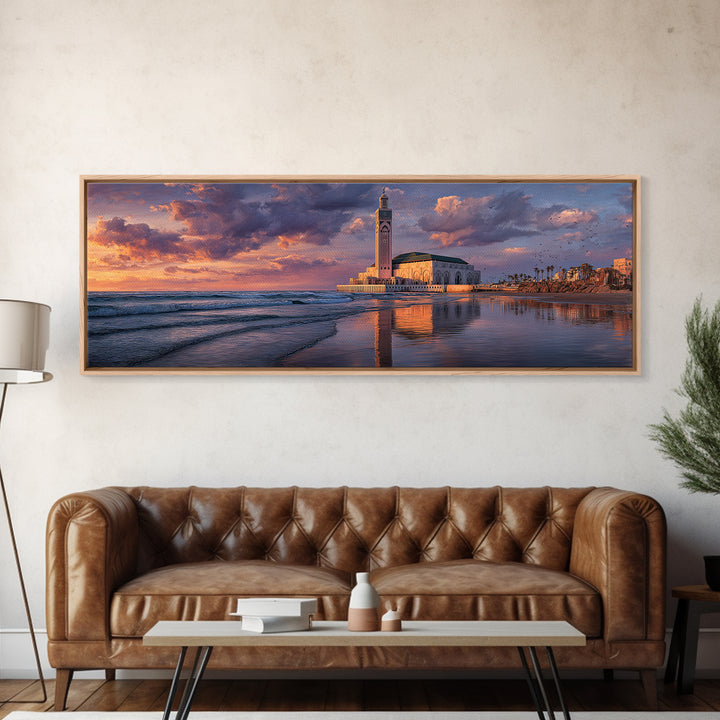 Sunset Over Iconic Casablanca Mosque With Reflective Water Wall Art Framed Canvas Print For Coastal Decor