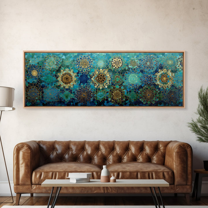 Intricate Green And Blue Moroccan Mosaic Pattern Abstract Wall Art Canvas Print For Exotic Home Decor Gift