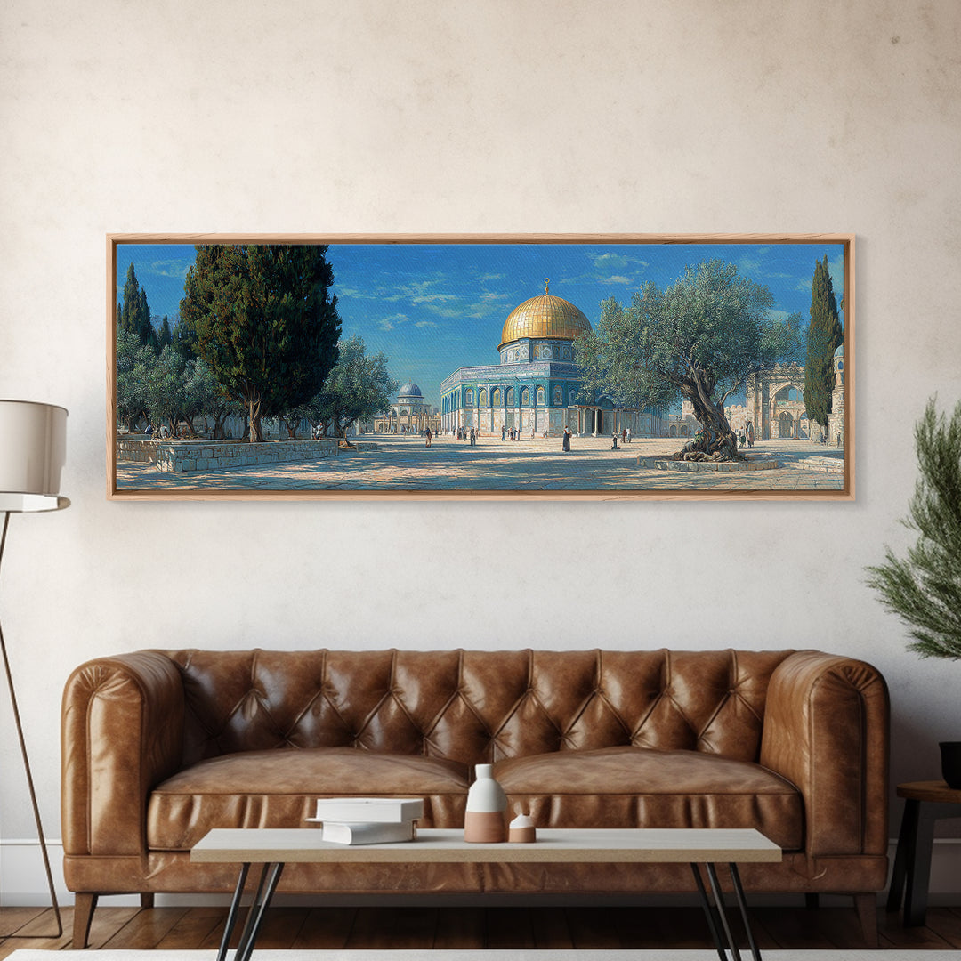 Vivid Middle Eastern Architecture Painting With Golden Dome And Olive Trees Captivating Historical Wall Art