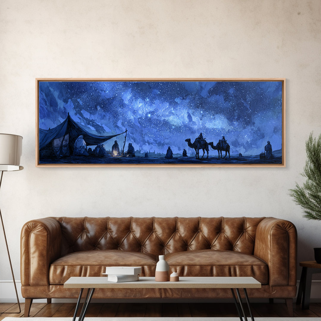 Mystical Desert Night Scene With Campfire And Stargazing Nomads Wall Art Framed Canvas Print For Rustic Home Decor