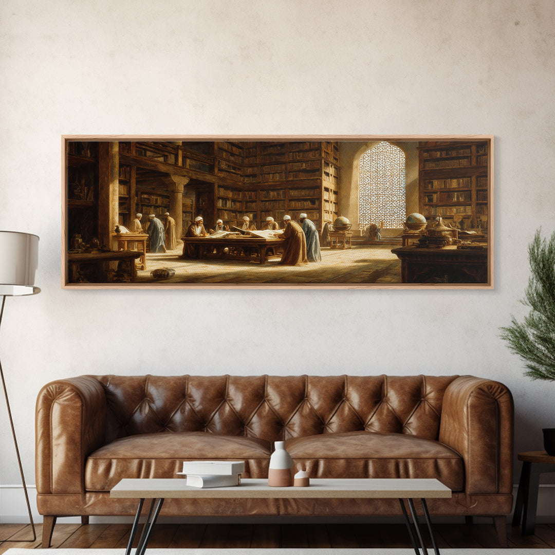 Historical Middle Eastern Library Scene Painting Wall Art Framed Canvas Print For Study Room Decor And Book Lover Gift
