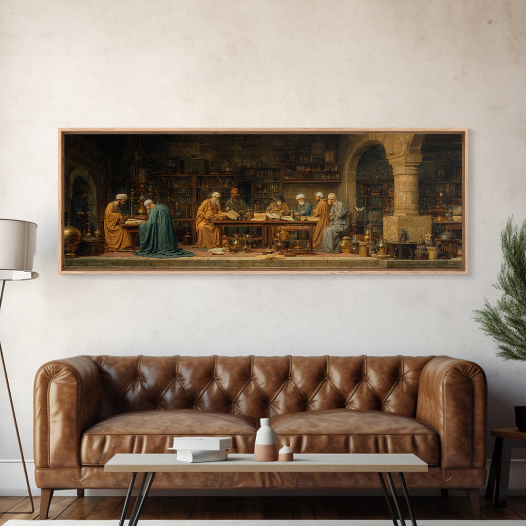 Intricate Middle Eastern Study Scene With Scholars And Books Classic Style Oil Painting Wall Art Framed Canvas Print