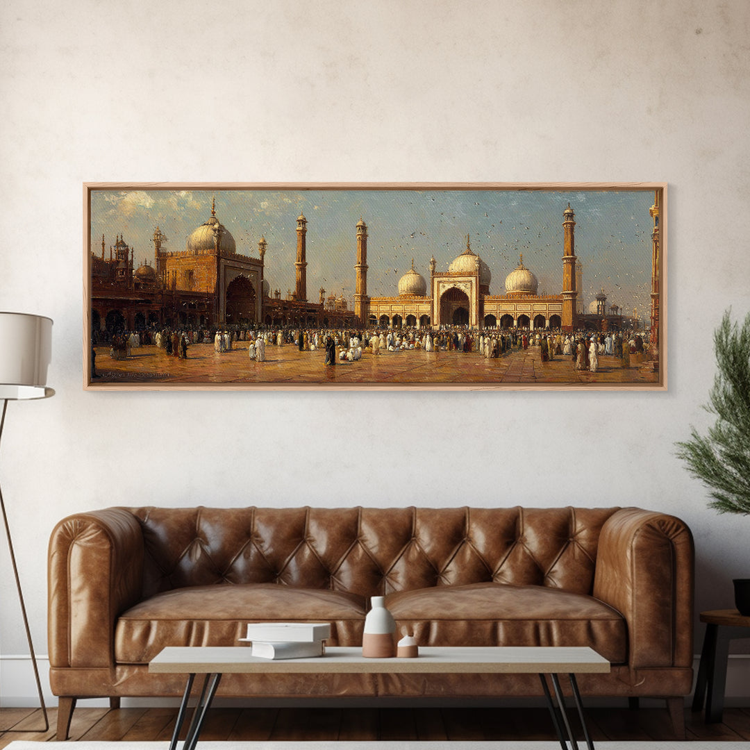 Vintage Indian Mosque Scene With Crowds In Traditional Attire Antique Oil Painting Wall Art Framed Canvas Print
