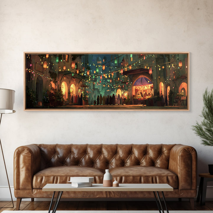 Vibrant Nighttime Street Market Scene With Lanterns And Crowds Framed Canvas Print