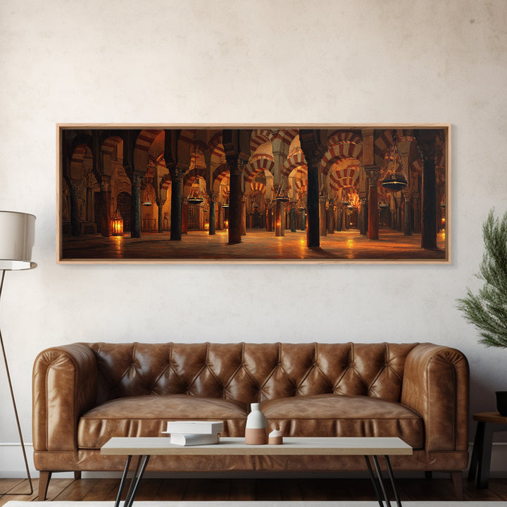 Warm Glowing Columns Of Ancient Mosque Interior With Arches Framed Canvas Print For Rustic Home Decor And Statement Wall Art