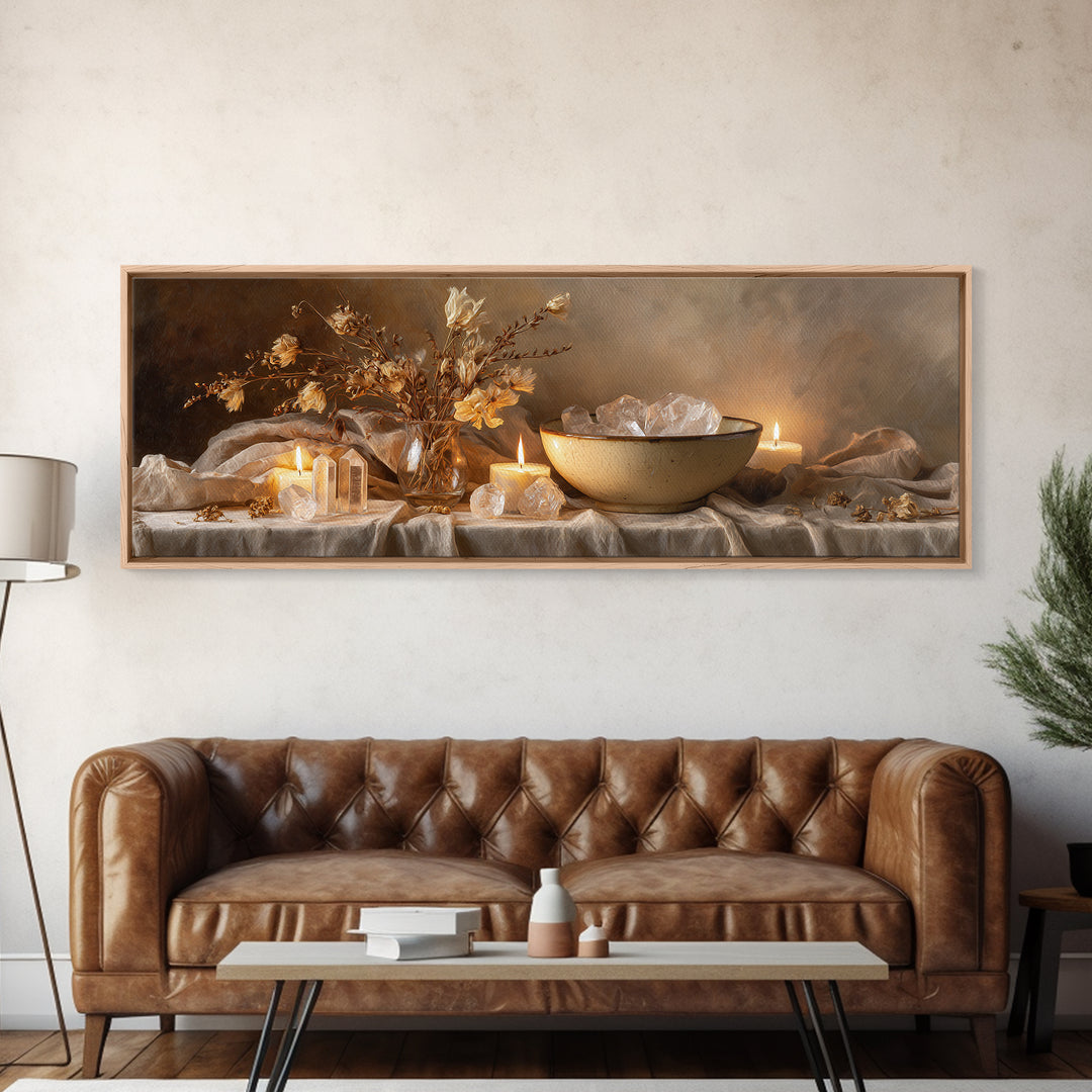 Crystals Candles And Dried Flowers Wall Art, Moody Spa Framed Canvas Print, Zen Meditation Decor For Cozy Living Room Art