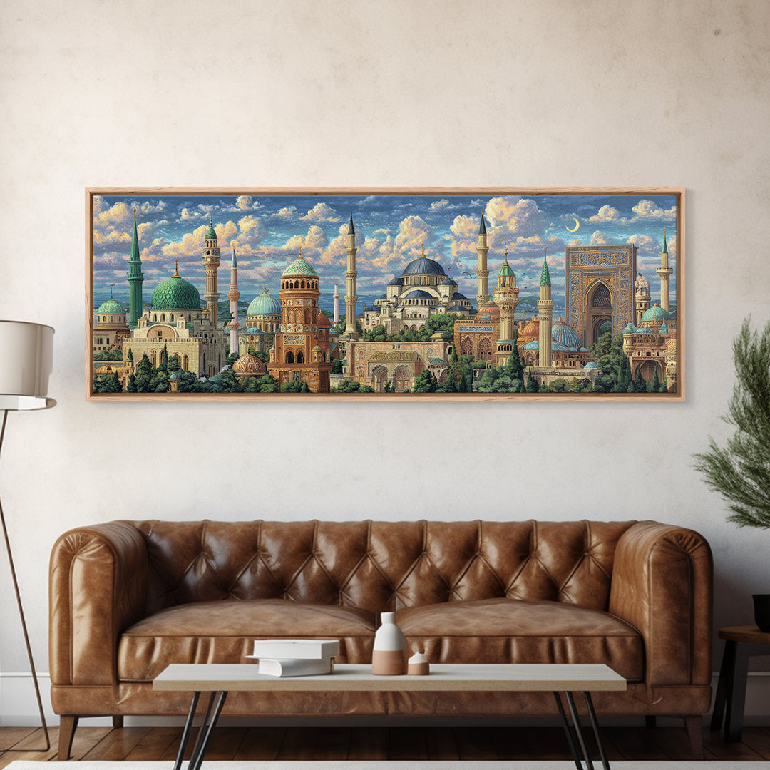 Historic Mosque With Intricate Islamic Architecture And Blue Domes Framed Canvas Print Fine Art Wall Decor For Home And Office