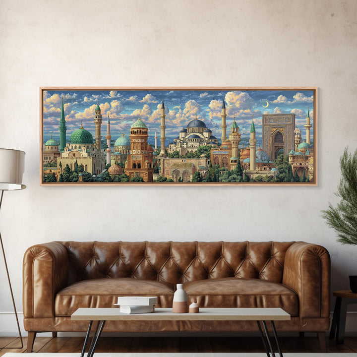 Historic Mosque With Intricate Islamic Architecture And Blue Domes Framed Canvas Print Fine Art Wall Decor For Home And Office