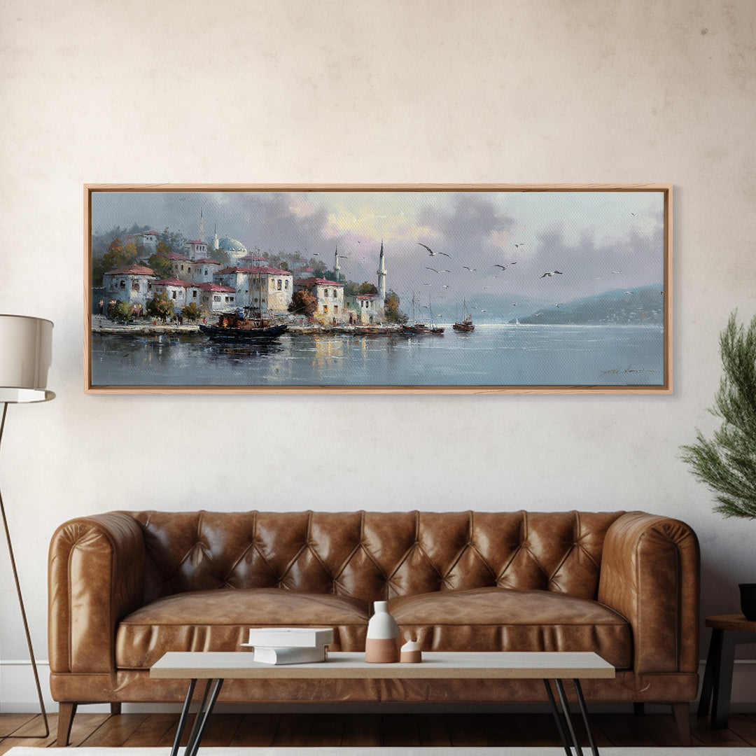 Scenic Coastal Fishing Village With Boats In Harbor Under Soft Cloudy Sky Framed Canvas Print For Rustic And Vintage Wall Art