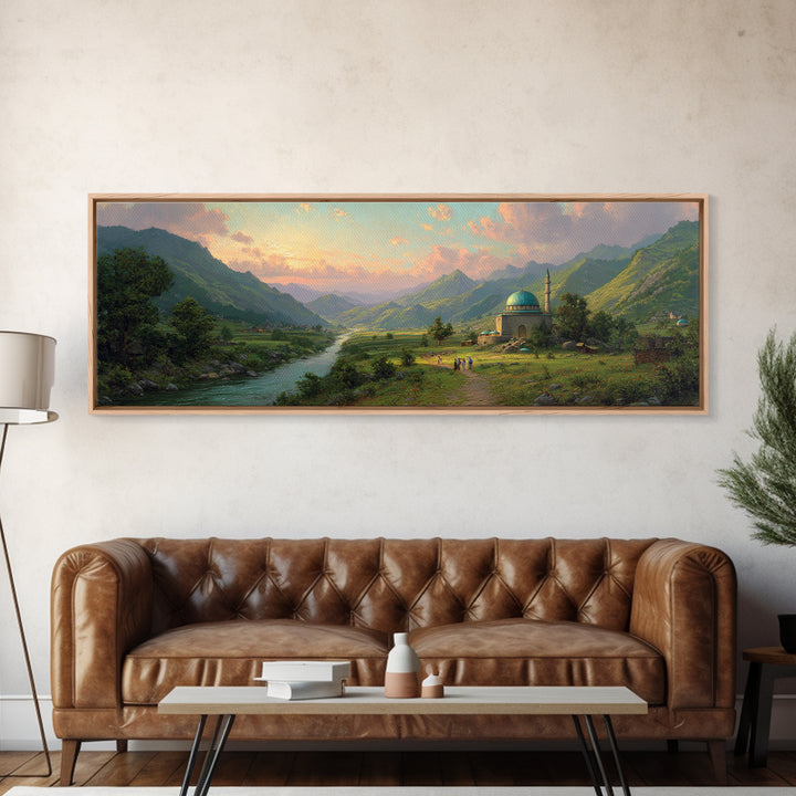 Beautiful Serene Mountain Landscape With River And Village, Romantic Nature Oil Painting Framed Canvas Print, Large Wall Art For Home Decor