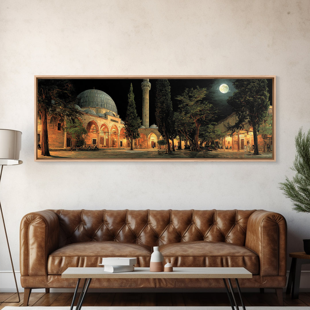 Nighttime Mosque Courtyard With Warm Lighting And People Gathered Framed Canvas Print For Spiritual Wall Art
