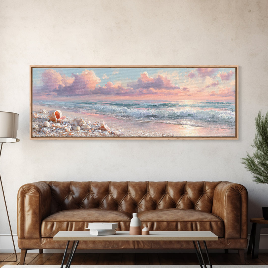 Pastel Ocean Waves And Shells Beach Wall Art, Coastal Canvas Print, Seashell Bathroom Decor And Beach House Gift For Her