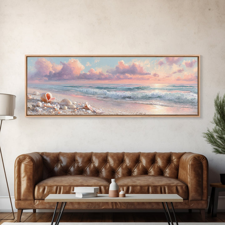 Pastel Ocean Waves And Shells Beach Wall Art, Coastal Canvas Print, Seashell Bathroom Decor And Beach House Gift For Her