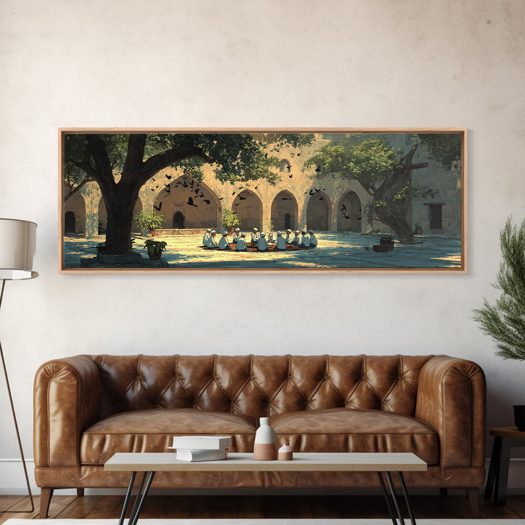 Historic Courtyard With Men In Traditional Clothing Sitting And Talking Framed Canvas