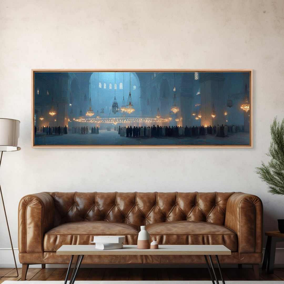 Ethereal Interior Of Historic Mosque With Soft Blue Tone And Glowing Chandeliers Canvas Print