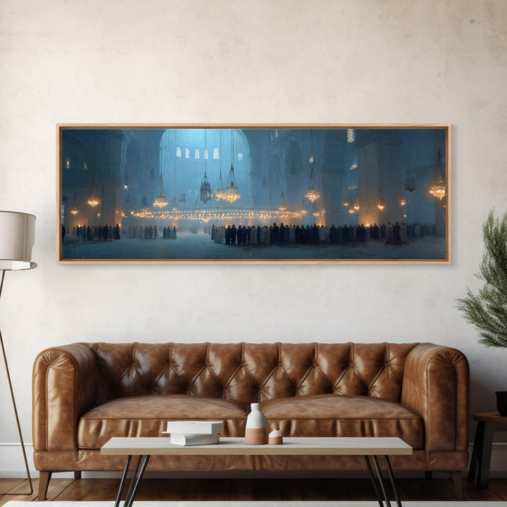 Ethereal Interior Of Historic Mosque With Soft Blue Tone And Glowing Chandeliers Canvas Print