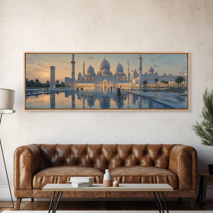 Majestic Mosque Sunset Golden Hour With Warm Glow And Reflections - Elegant Architectural Wall Art Canvas Print For Home Decor