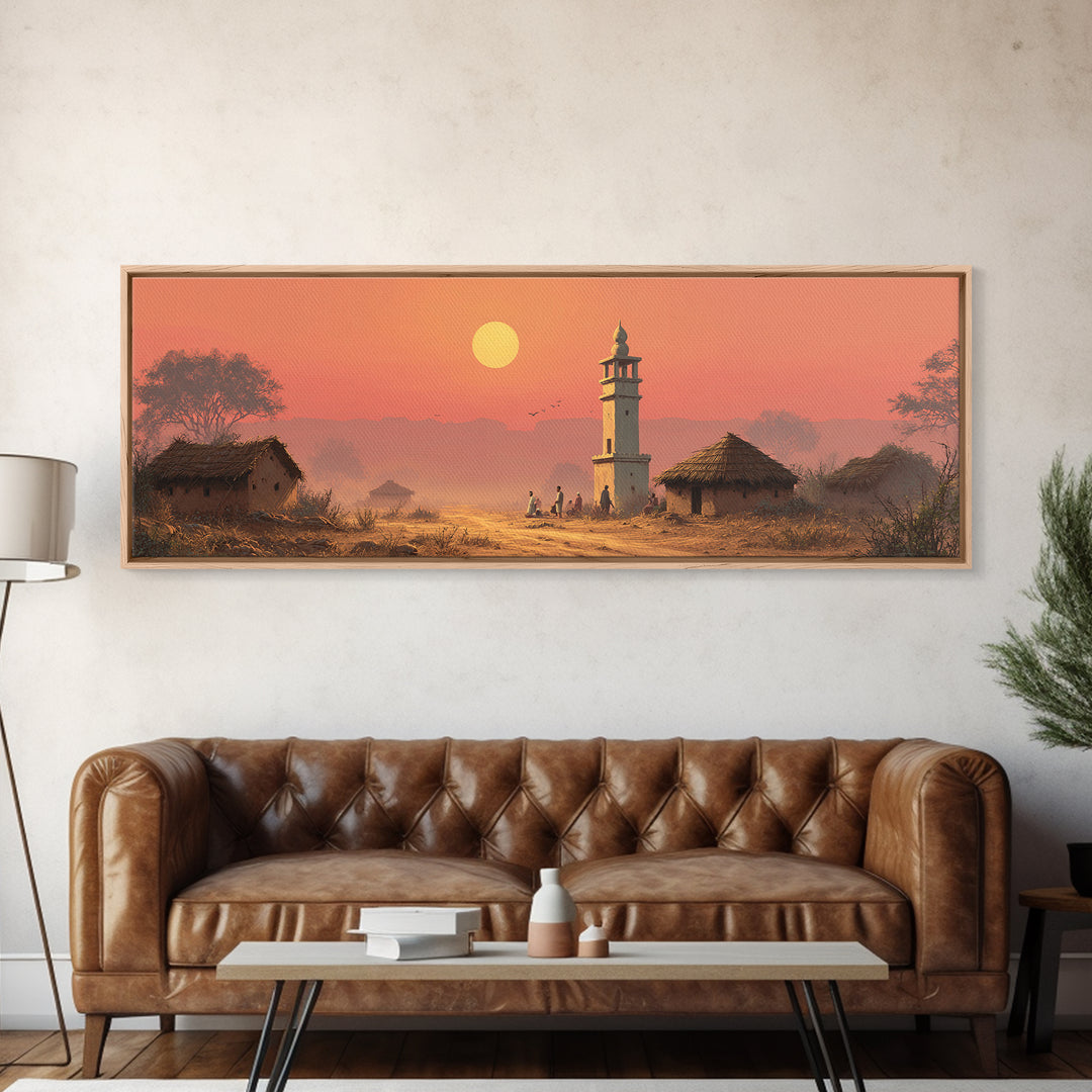 Rural Village Minaret At Peach Sunset Wall Art, Islamic Landscape Print, Prayer Room Decor, Warm Farmhouse Home Decor Gift