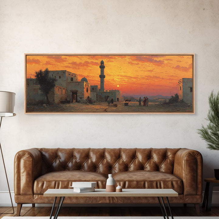 Stunning Sunset Over Desert Village With Minaret Oil Painting Warm Landscape Wall Art Framed Canvas Print For Home And Office