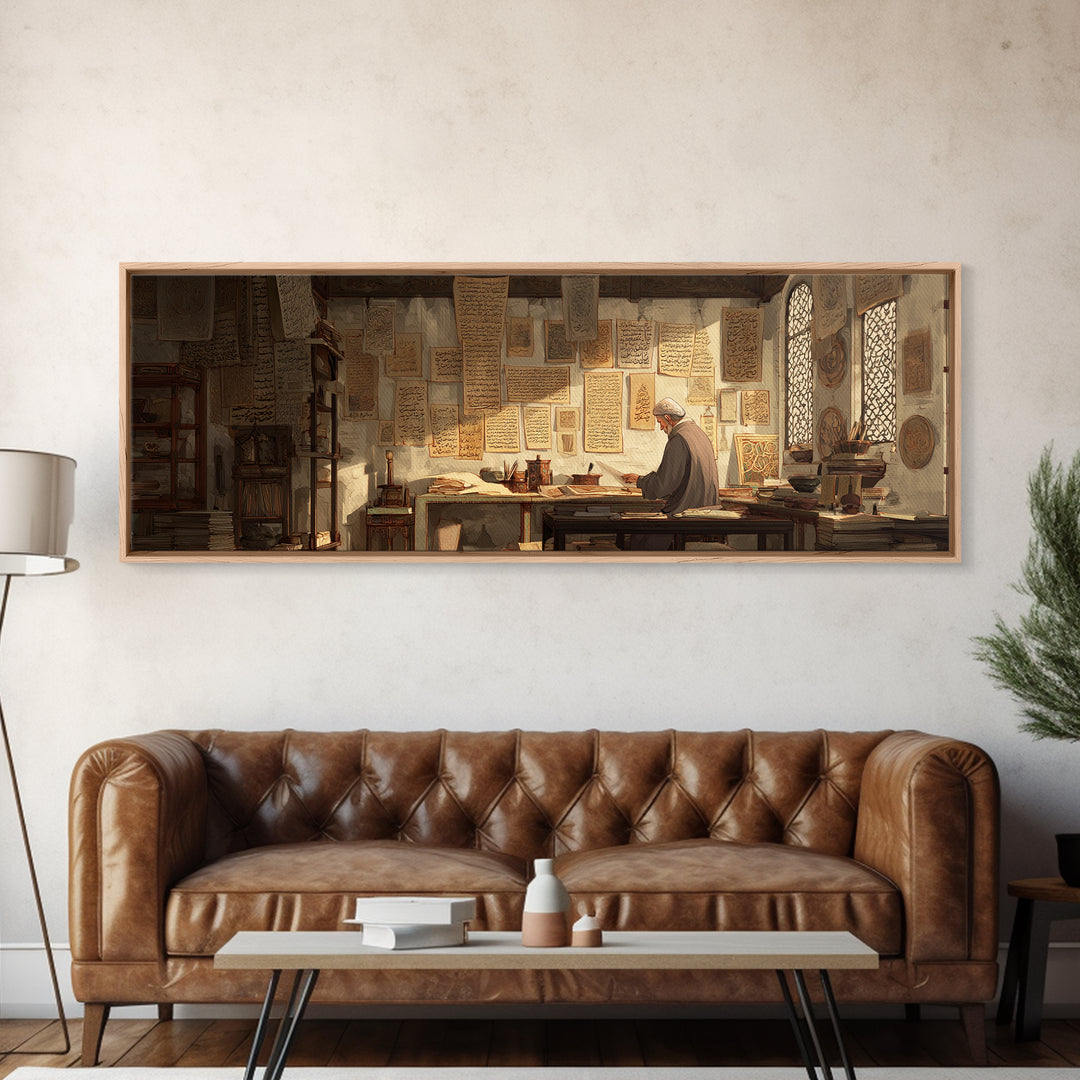 Old Scholar Reading Ancient Manuscripts In Historic Study Room Canvas Print Wall Art For Office Decor