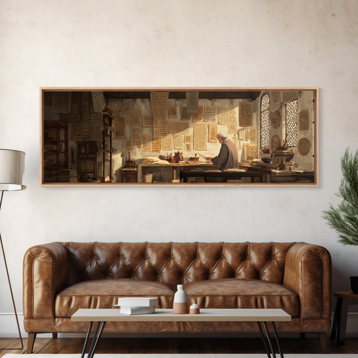 Old Scholar Reading Ancient Manuscripts In Historic Study Room Canvas Print Wall Art For Office Decor