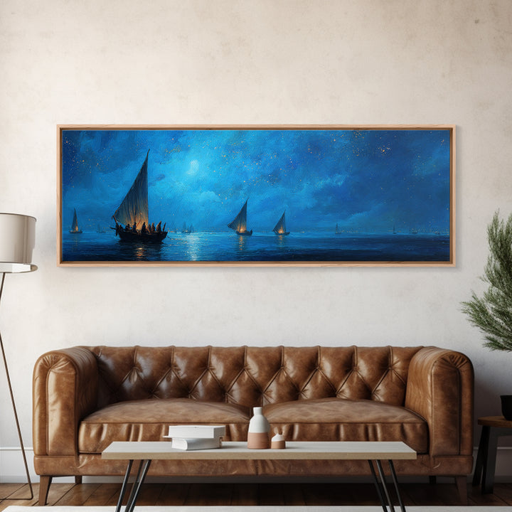 Fantasy Dusk Scene Sailing Boats On Calm Sea Under Moonlight Stunning Landscape Oil Painting Framed Canvas Print for Bedroom Wall Art