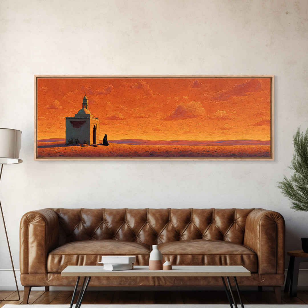 Orange Desert Mosque At Sunset Wall Art, Islamic Landscape Print, Panoramic Canvas, Prayer Room Decor, Warm Earth Tone Home Decor