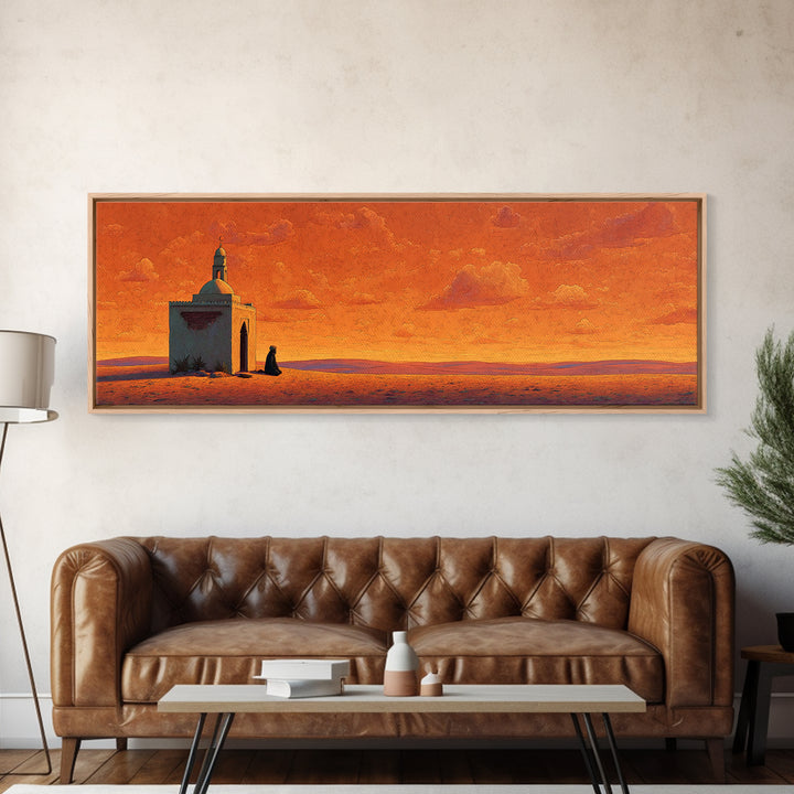 Orange Desert Mosque At Sunset Wall Art, Islamic Landscape Print, Panoramic Canvas, Prayer Room Decor, Warm Earth Tone Home Decor