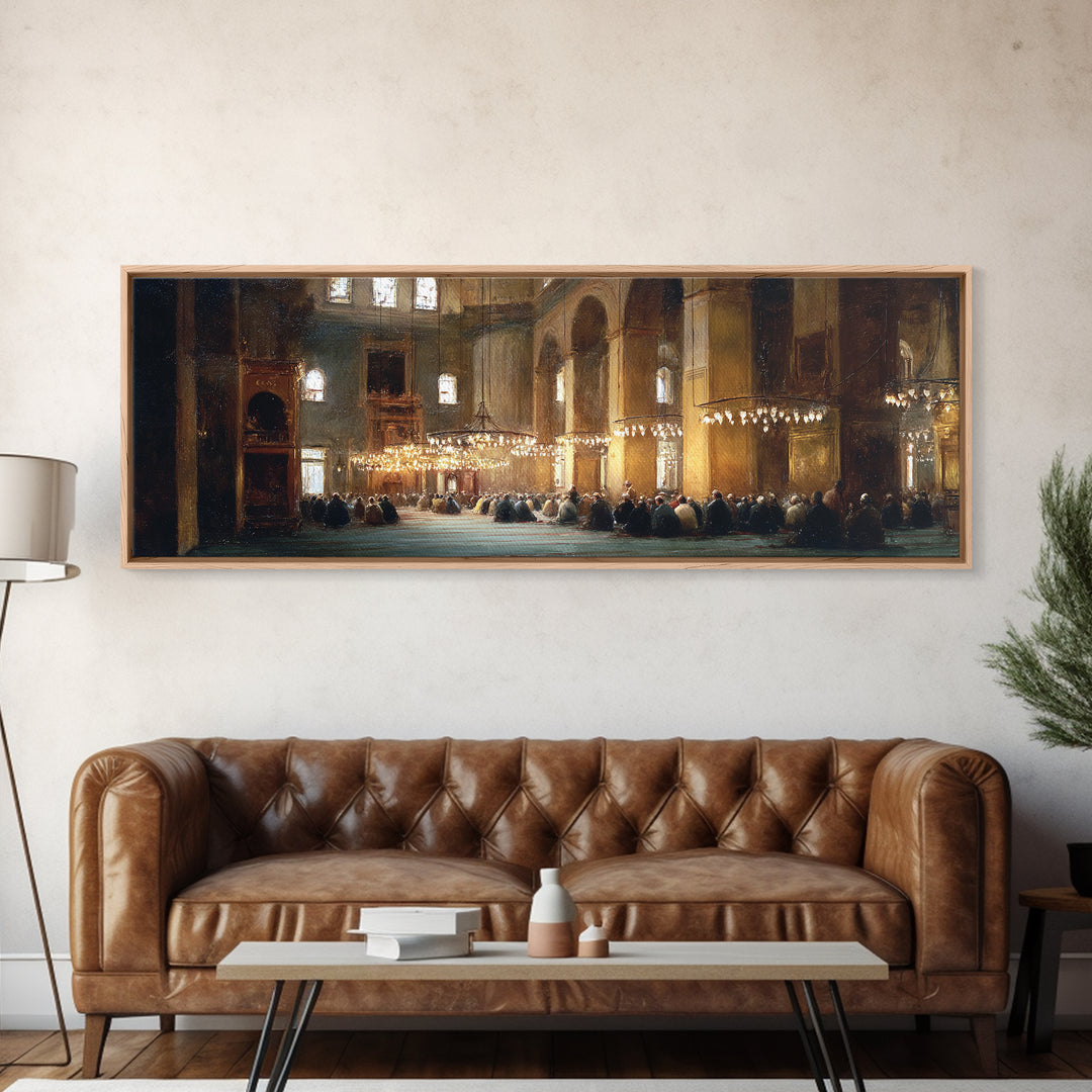 Classic Church Interior Worshipers Praying Under Chandeliers Religious Wall Art Framed Canvas Print