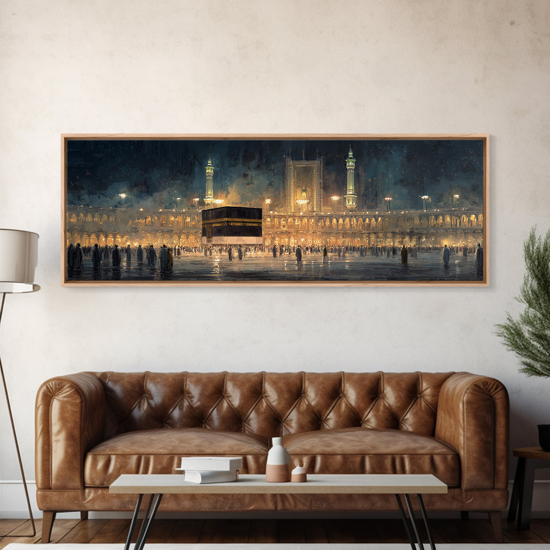 Nighttime Pilgrimage At Sacred Mosque With Glowing Lights And Worshippers Canvas Print
