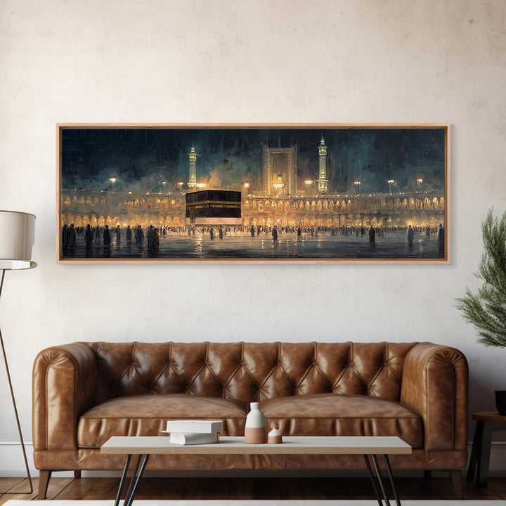 Nighttime Pilgrimage At Sacred Mosque With Glowing Lights And Worshippers Canvas Print
