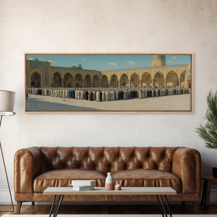Traditional Islamic Prayer Scene Wall Art Depicting Worshippers in Mosque Courtyard Framed Canvas Print For Spiritual Home Decor