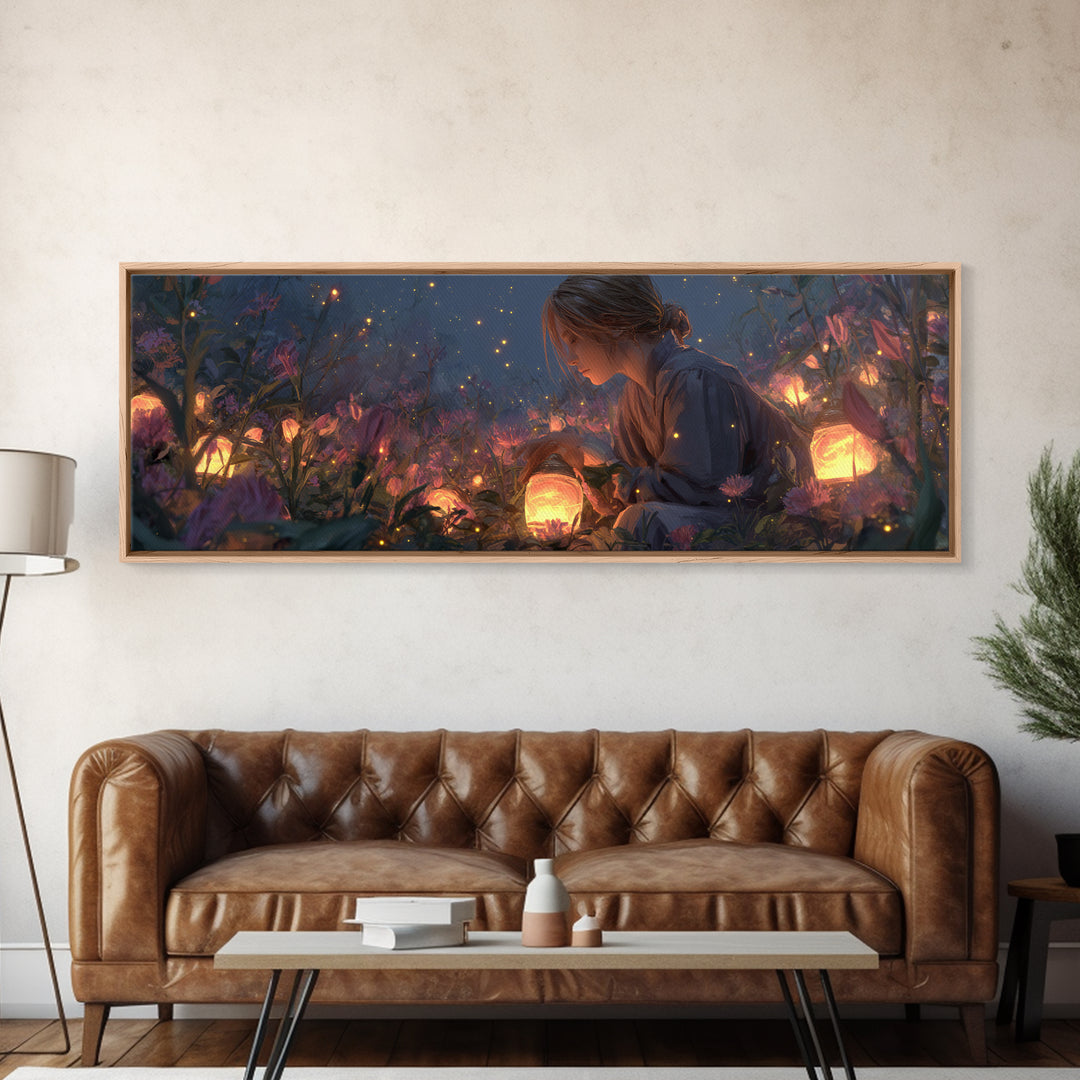 Girl With Glowing Lanterns In Enchanted Garden Wall Art, Fantasy Canvas Print, Whimsical Nursery Decor And Kids Room Decor Gift For Her