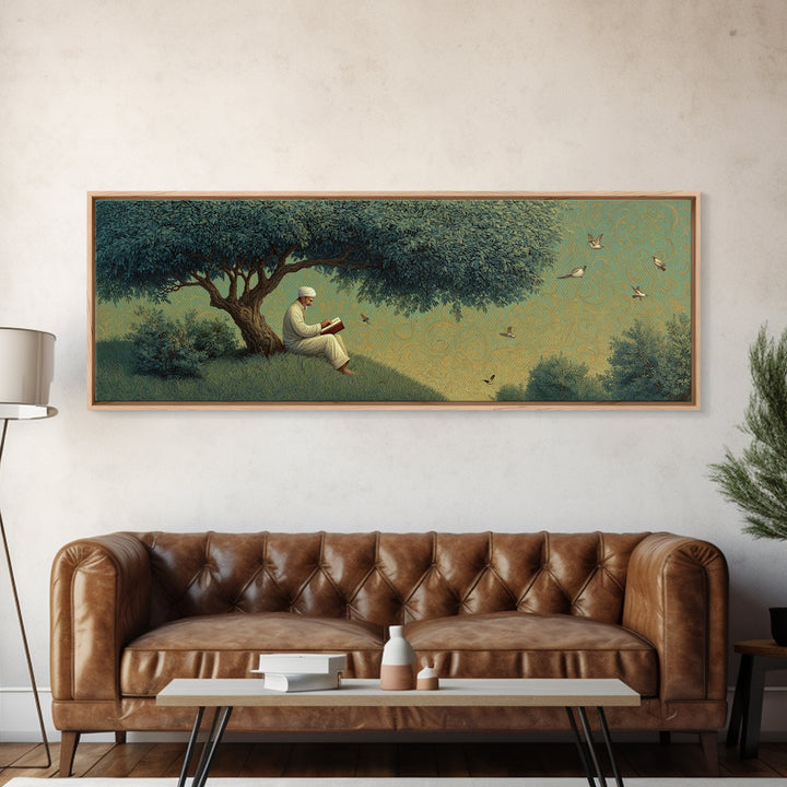 Peaceful Man Reading Under Lush Tree With Flying Birds Scenic Wall Art Canvas Print For Home Decor