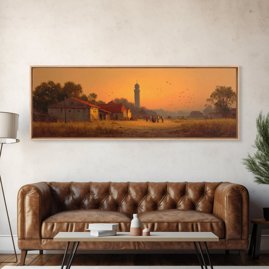 Serene Village Sunset Landscape Painting With Historic Mosque Tower Capturing Peace And Tradition Wall Art