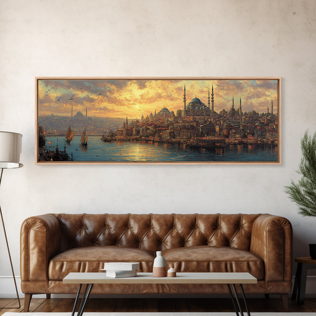 Sunset Over Istanbul Panorama With Historic Sultan Mosque And Boats In Golden Light Wall Art Modern Home Decor