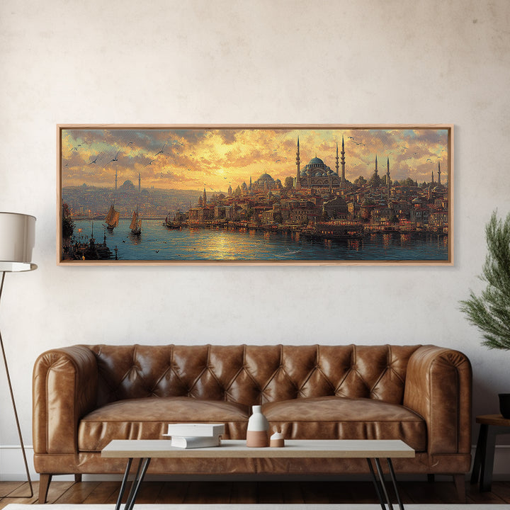 Sunset Over Istanbul Panorama With Historic Sultan Mosque And Boats In Golden Light Wall Art Modern Home Decor