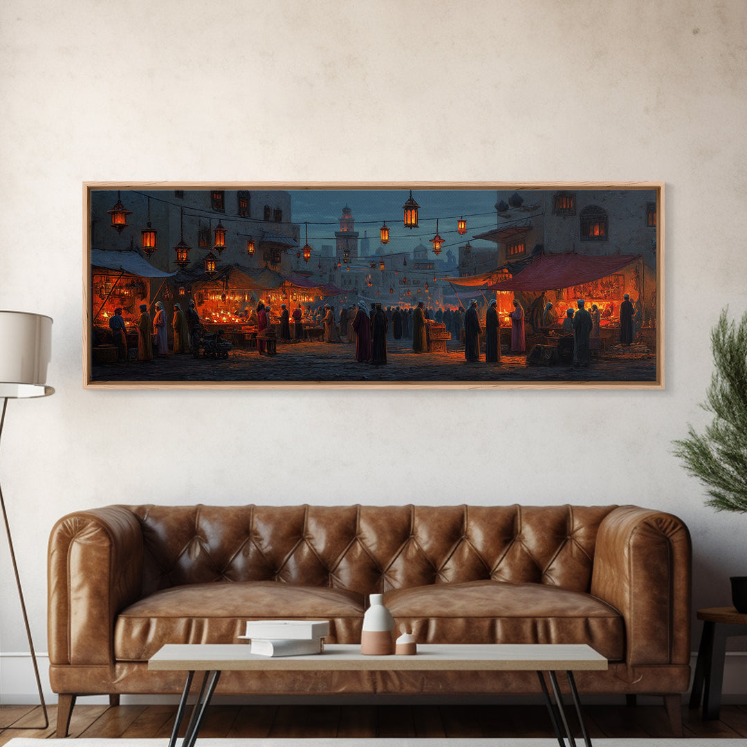 Warm and Lively Market Scene in Middle Eastern Style Oil Painting with Lanterns and Crowds Canvas Print