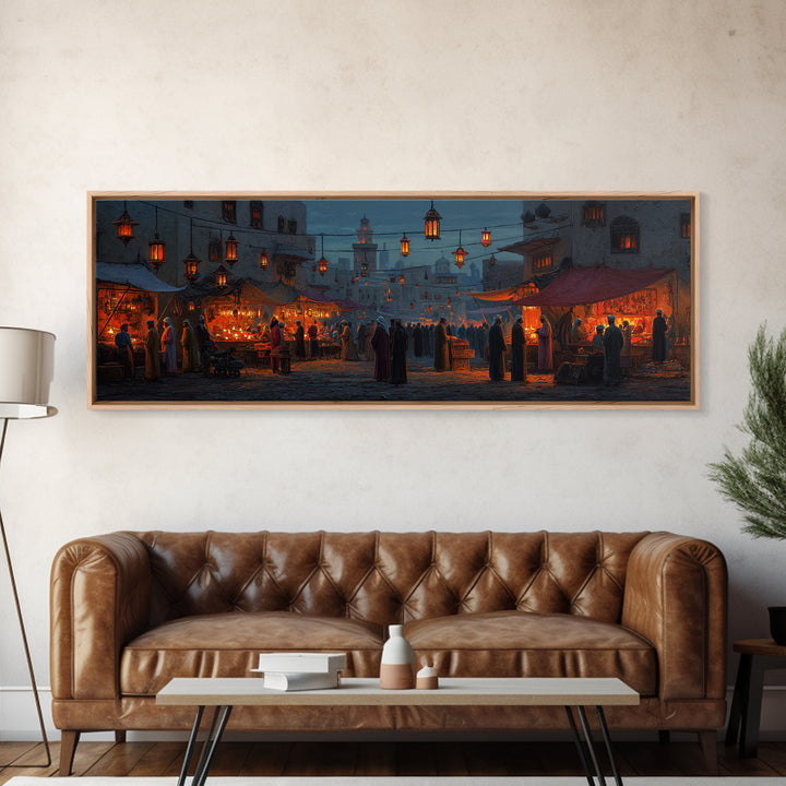 Warm and Lively Market Scene in Middle Eastern Style Oil Painting with Lanterns and Crowds Canvas Print