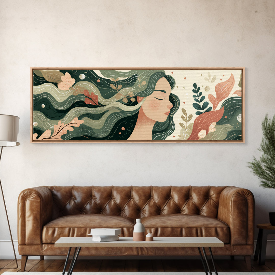 Flowing Green Haired Woman Botanical Wall Art, Feminine Boho Canvas Print, Earth Tone Decor For Bedroom And Living Room Art